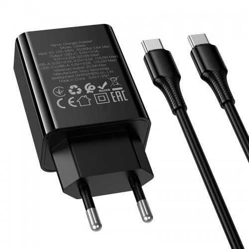 Адаптер мережевий HOCO C to C cable Leader charger set CS94A |1USB/1Type-C, PD/QC, 20W/3A| black