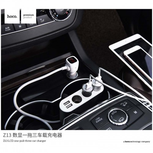 Адаптер автомобільний Hoco with LCD 3 in one Z13 |2USB, 2.1A| silver