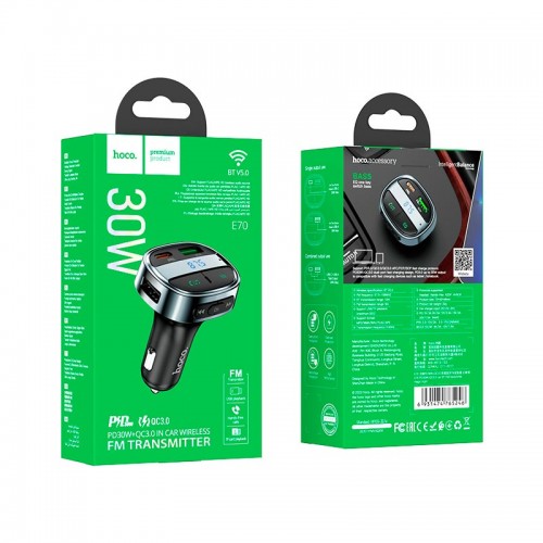 Адаптер автомобильный HOCO car BT FM transmitter E70 |2USB/Type-C, PD/QC, 30W/3A|