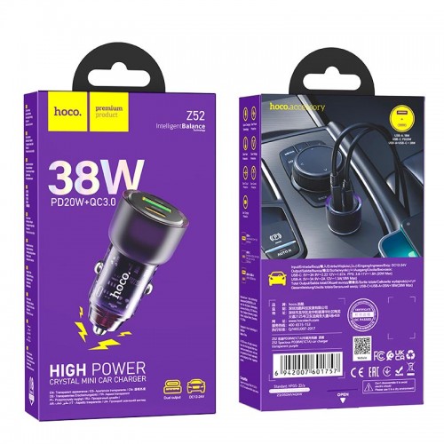 Адаптер автомобільний Hoco Spacious Car charger Z52 |1USB/1Type-C, 38W/3A, PD/QC| transparent-black