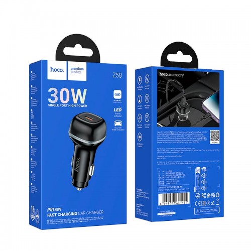 Адаптер автомобільний Hoco Rank single port Car charger Z58 |1Type-C, 30W/3A, PD30W/QC| black
