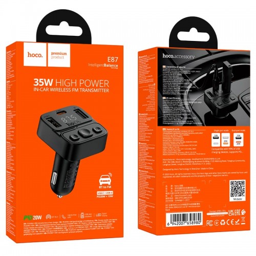 Автомобільний адаптер HOCO Delta car BT FM transmitter E87 |2USB/1Type-C, 35W/3A, PD/QC| black