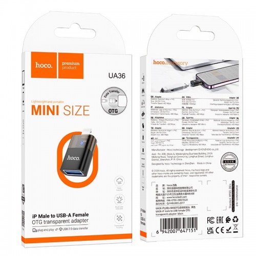 Перехідник Hoco iP male to USB female OTG transparent adapter UA36 |480Mbps| black