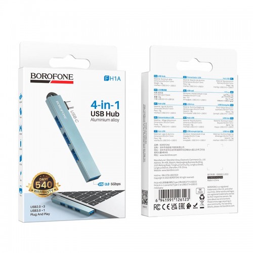 Перехідник BOROFONE 4-in-1 converter (Type-C to USB2.0*3+USB3.0) FH1A |5Gbps| metal-grey