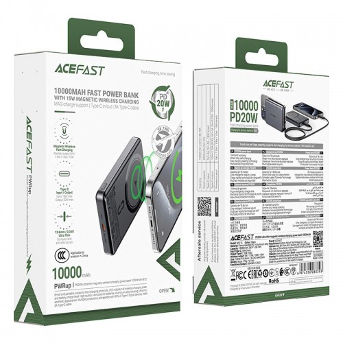 УМБ ACEFAST PD ultra-thin magnetic wireless charging power bank M12 10000mAh |1Type-C, 20W/3A, PD/QC| black