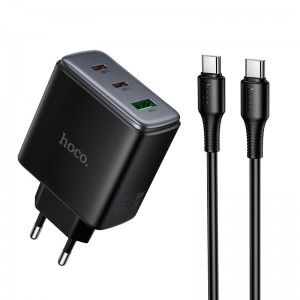 Адаптер мережевий HOCO C to C cable Upgrade PD charger set C160A |2Type-C/1USB, 65W/3A, PD/QC| black