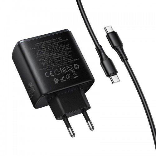Адаптер мережевий HOCO C to C cable Upgrade PD charger set C160A |2Type-C/1USB, 65W/3A, PD/QC| black