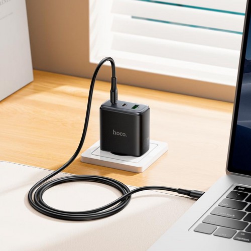 Адаптер мережевий HOCO C to C cable Upgrade PD charger set C160A |2Type-C/1USB, 65W/3A, PD/QC| black