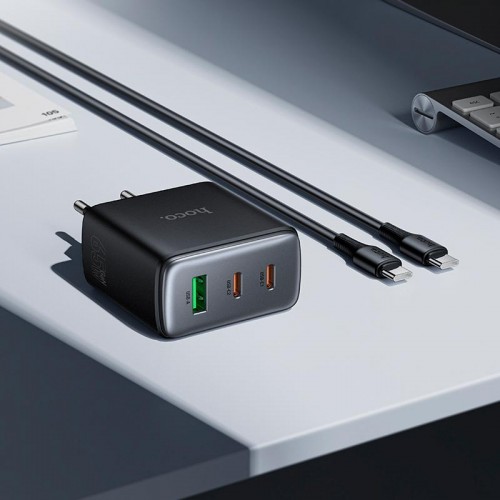 Адаптер мережевий HOCO C to C cable Upgrade PD charger set C160A |2Type-C/1USB, 65W/3A, PD/QC| black