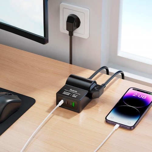 Адаптер мережний HOCO Win 1 position PD desktop socket AC33 (L=1.5M) |2Type-C/1USB/DC, 30W/3A, PD/QC| black