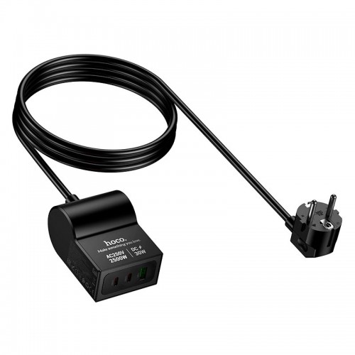 Адаптер мережний HOCO Win 1 position PD desktop socket AC33 (L=1.5M) |2Type-C/1USB/DC, 30W/3A, PD/QC| black