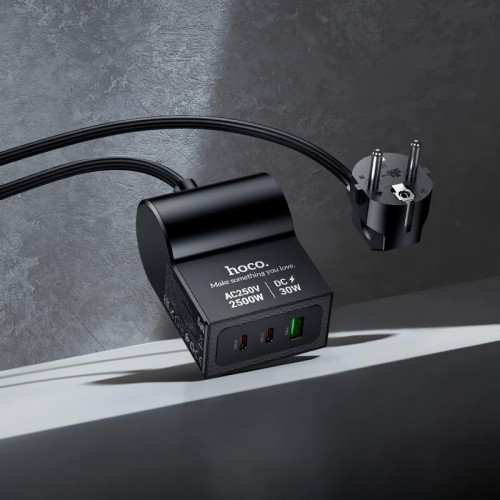 Адаптер мережний HOCO Win 1 position PD desktop socket AC33 (L=1.5M) |2Type-C/1USB/DC, 30W/3A, PD/QC| black
