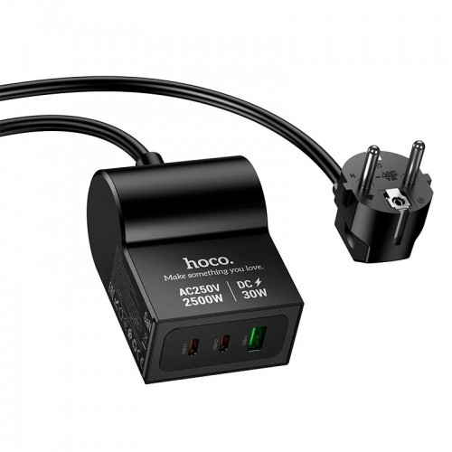 Адаптер мережний HOCO Win 1 position PD desktop socket AC33 (L=1.5M) |2Type-C/1USB/DC, 30W/3A, PD/QC| black