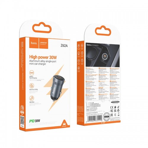 Адаптер автомобильный HOCO Energy single port PD car charger Z62A |1Type-C, 30W/3A, PD/QC|