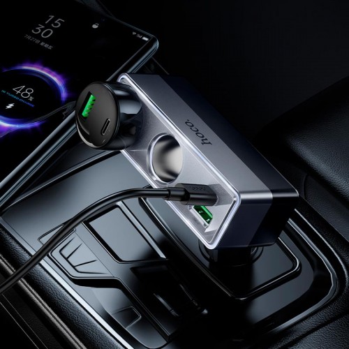 Адаптер автомобільний HOCO Smart dual cigarette lighter PD car charger Z65B |1USB/1Type-C/2DC, 240W, PD/QC| black