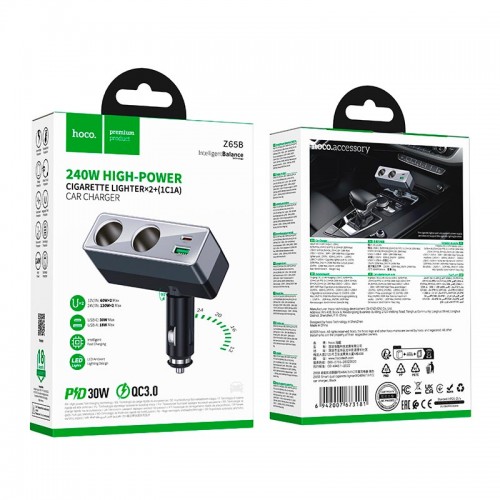 Адаптер автомобільний HOCO Smart dual cigarette lighter PD car charger Z65B |1USB/1Type-C/2DC, 240W, PD/QC| black