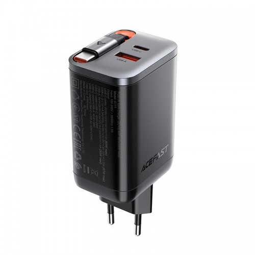Адаптер мережевий ACEFAST PD GaN charger with retractable cable A111 |2USB-C/1USB-A, 67W/4.5A| black