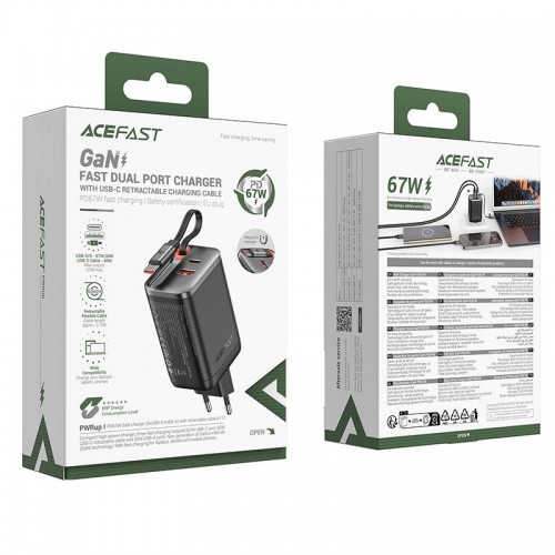 Адаптер мережевий ACEFAST PD GaN charger with retractable cable A111 |2USB-C/1USB-A, 67W/4.5A| black