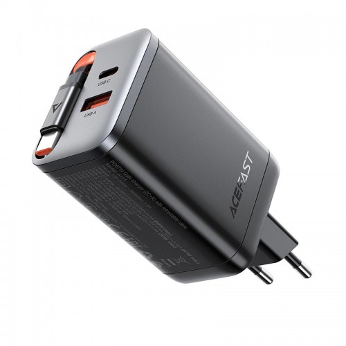 Адаптер мережевий ACEFAST PD GaN charger with retractable cable A111 |2USB-C/1USB-A, 67W/4.5A| black