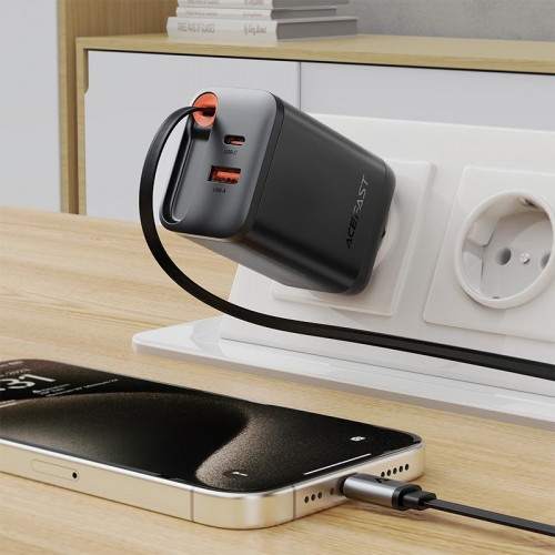 Адаптер мережевий ACEFAST PD GaN charger with retractable cable A111 |2USB-C/1USB-A, 67W/4.5A| black