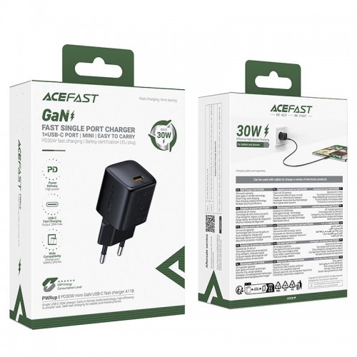 Адаптер мережний ACEFAST PD mini GaN USB-C fast charger A118 |1USB-C, 30W/3A| black