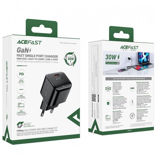 Адаптер мережний ACEFAST PD mini GaN USB-C charger A77 |1USB-C, 30W/3A| black