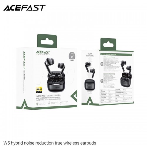 Навушники ACEFAST hybrid noise reduction true wireless earbuds W5 IPX4 |BT5.4, 6/30h, 40/500mAh, ANC| black
