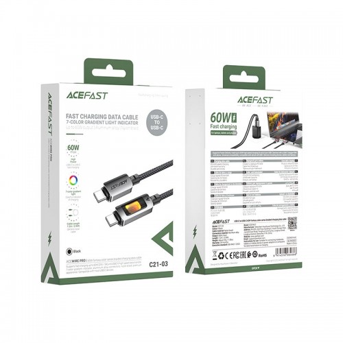 Кабель ACEFAST USB-C to USB-C fantasy color series braided Charging data cable C21-03 |1.2m, 60W/3A| black