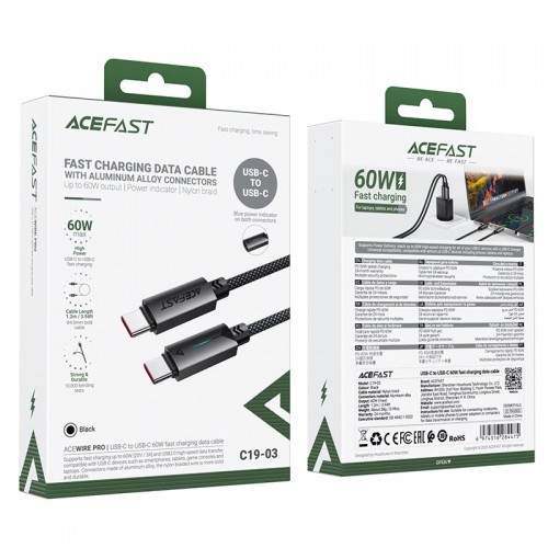Кабель ACEFAST USB-C to USB-C 60 W |1.2m, 60W/3A| black