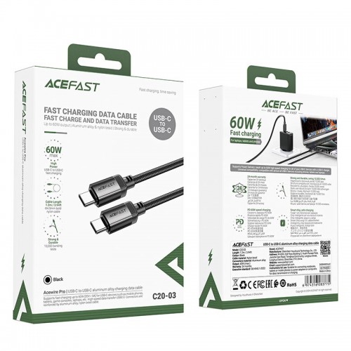 Кабель ACEFAST USB-C до USB-C алюмінієвий alloy charging data cable C20-03 |1.2m, 60W/3A| black