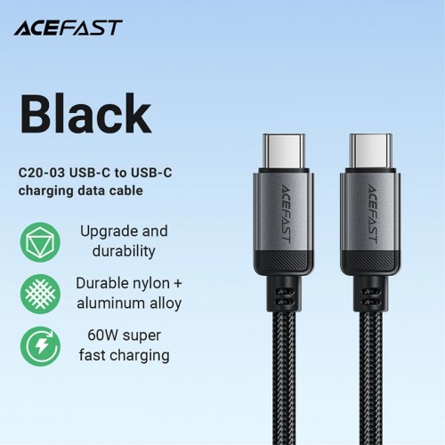 Кабель ACEFAST USB-C до USB-C алюмінієвий alloy charging data cable C20-03 |1.2m, 60W/3A| black