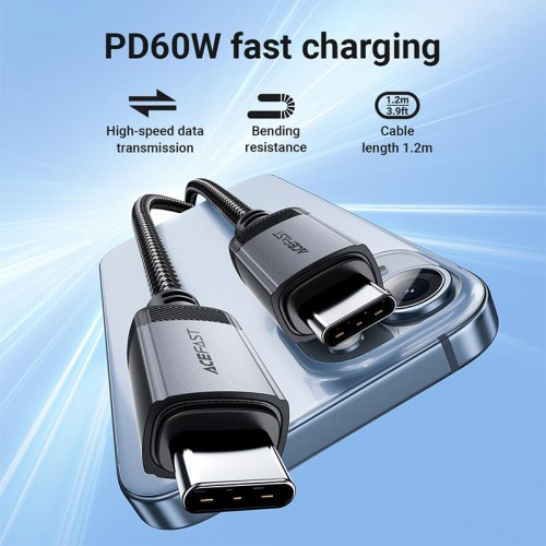 Кабель ACEFAST USB-C до USB-C алюмінієвий alloy charging data cable C20-03 |1.2m, 60W/3A| black