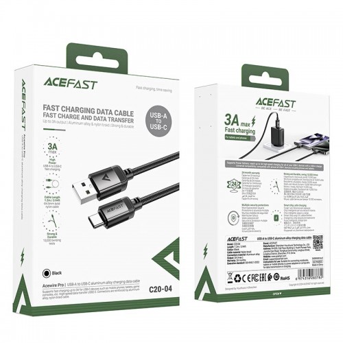Кабель ACEFAST USB-A to USB-C алюмінієвий alloy charging data cable C20-04 |1.2m, 3A| black