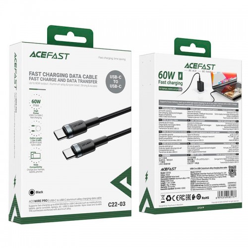 Кабель ACEFAST USB-C to USB-C алюмінієвий alloy charging data cable C22-03 |1.2m, 60W/3A| black