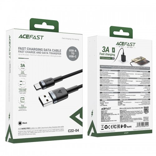 Кабель ACEFAST USB-A to USB-C алюмінієвий alloy charging data cable C22-04 |1.2m, 3A| black