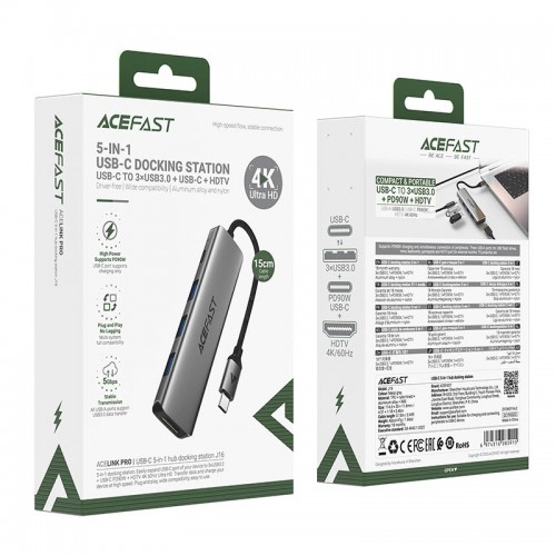HUB адаптер ACEFAST USB-C 5-in-1 HUB docking station J16 |0.15m, 4K, PD90W, 5Gbps| grey