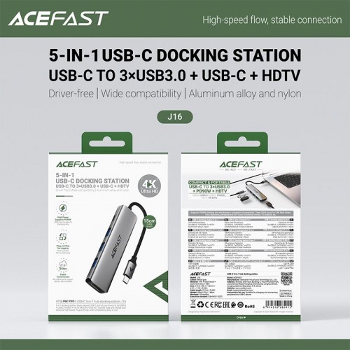 HUB адаптер ACEFAST USB-C 5-in-1 HUB docking station J16 |0.15m, 4K, PD90W, 5Gbps| grey