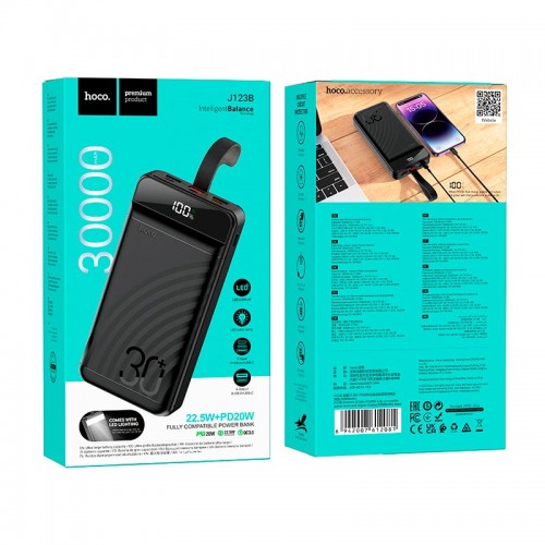 УМБ HOCO Element power bank with digital display J123B 30000mAh |2USB/Type-C/Lightning, QC/PD, 22.5W/3A| black