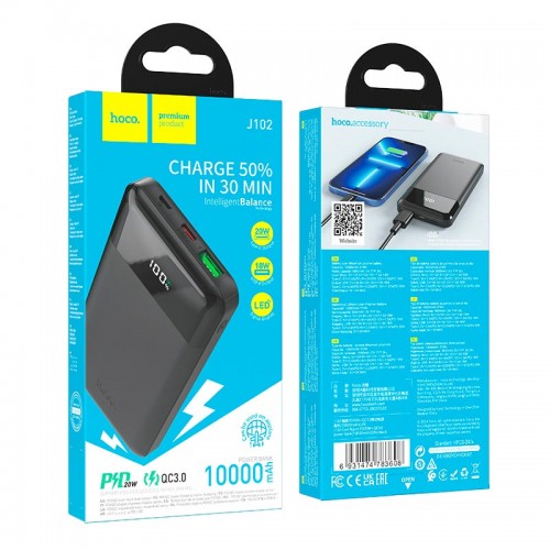 УМБ HOCO Cool figure PD power bank J102 10000mAh |1USB/1Type-C, 20W/3A, PD/QC| black