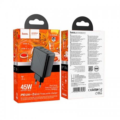 Сетевой адаптер HOCO Article charger CS26A |1USB/2Type-C, 45W/3A, PD/QC| черный