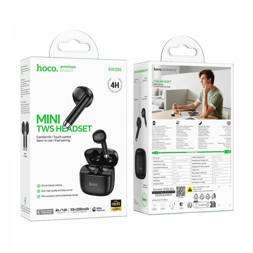 Наушники HOCO Peaceful true wireless BT headset EW205 IPX4 |BT6.0, 30/200mAh, 4/16h|