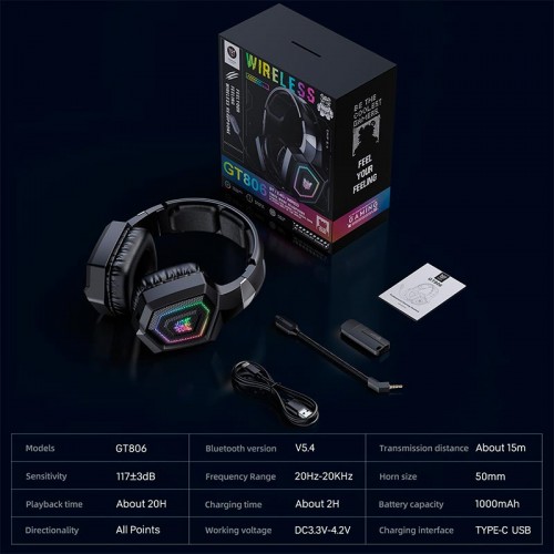Навушники Onikuma Wireless Gaming Headset Headworn GT806 |BT5.4/2.4G, Type-C, 20H, RGB| black