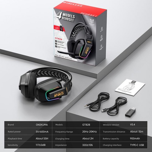 Навушники Onikuma Tri Mode gaming headphones GT828 |BT5.4/2.4G/Type-C, 15/55H, RGB| black