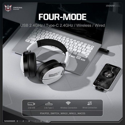 Навушники Onikuma Tri Mode headphones GT887 |BT5.4/2.4G/Type-C, 20/60H| white