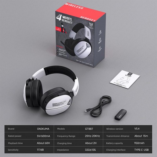 Навушники Onikuma Tri Mode headphones GT887 |BT5.4/2.4G/Type-C, 20/60H| black