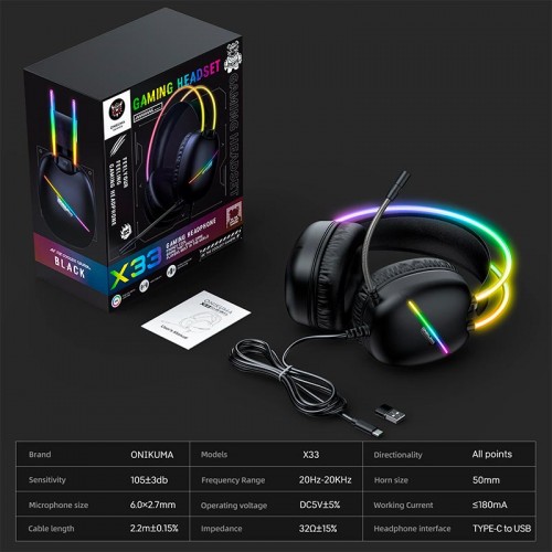 Навушники Onikuma wired gaming headphones X33 |Type-C/USB, RGB| black