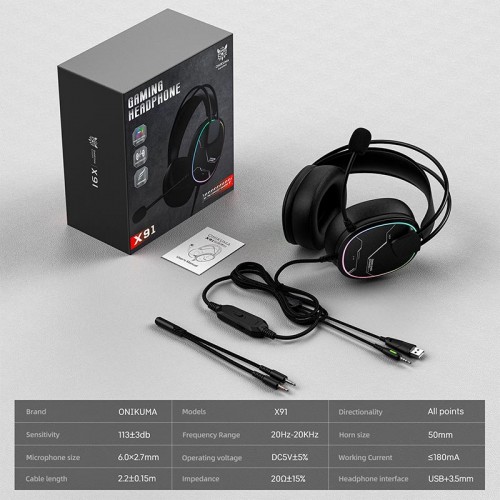 Наушники Onikuma wired gaming headphones X91 |3.5mm+USB, RGB| black