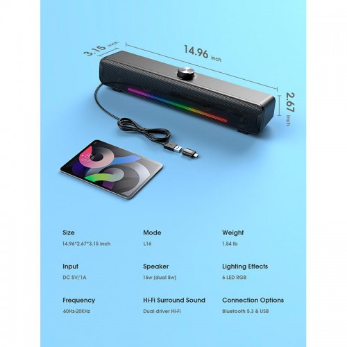 Акустика для ПК ONIKUMA RGB Backlight L16 |5Wx2, BT5.3/USB, Mic| black