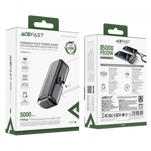 УМБ ACEFAST PD capsule power bank M9 5000mAh |1Type-C, 20W/3A, PD/QC| black