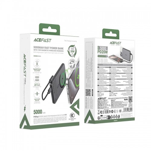 УМБ Acefast PD magnetic fast charging power bank with cable M30 5000mAh |2Type-C, 20W/3A, PD/QC| black